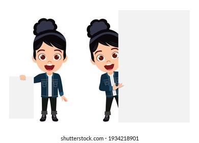 Cute smart kid girl character wearing beautiful jeans outfit and holding blank board with different facial expression