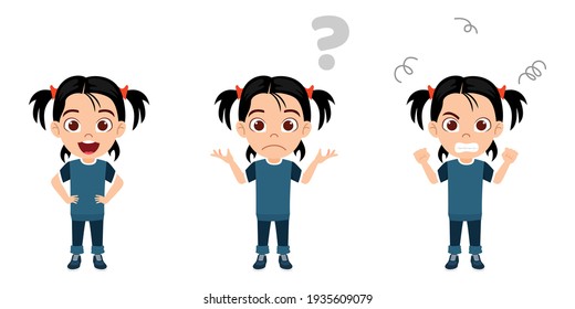 Cute smart kid girl character wearing beautiful outfit and doing different activity with different facial expression with question mark
