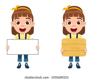 Cute smart kid girl character wearing beautiful yellow outfit and holding blank board and wooden board with cheerful facial expression