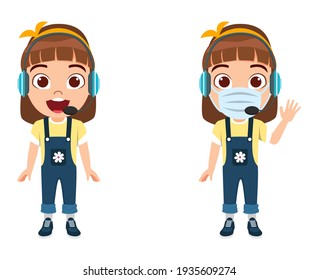 Cute Smart Kid Girl Character Wearing Beautiful Yellow Outfit And Wearing Mask Headphone With Different Facial Expression