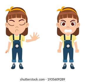 Cute smart kid girl character wearing beautiful yellow outfit and doing different activities with different facial expressions