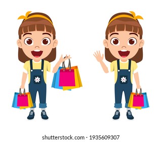 Cute smart kid girl character wearing beautiful yellow outfit and holding shopping bags with cheerful facial expression