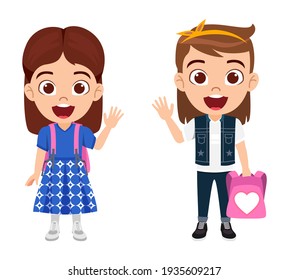 Cute smart kid girl characters wearing beautiful outfit and waving and with bags with cheerful facial expression ready to go school