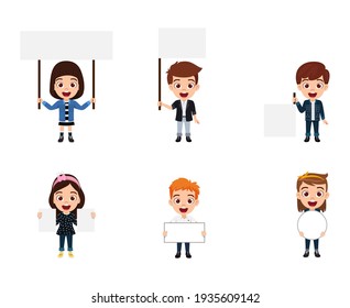Cute smart kid girls and boys characters wearing beautiful outfits and holding blank boards with cheerful facial expression
