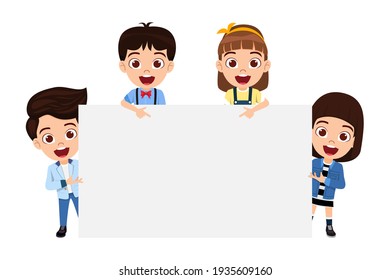 Cute Smart Kid Girls And Boys Characters Wearing Beautiful Outfit And Behind Blank Presentation  Board With Cheerful Facial Expression