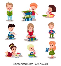 Cute smart kids reading books set of vector Illustrations