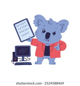 Cute smart koala bear IT specialist. Cartoon animal hacker programmer character with computer and binary code desk. Vector flat illustration isolated on white background. Digital technology