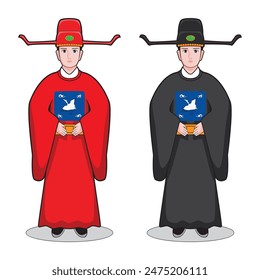 Lindo hombre inteligente antiguo funcionario chino en el cosplay o traje de la dinastía Ming o Qing en uniforme de color rojo y negro con dibujo del sombrero en Vector de dibujos animados colorido