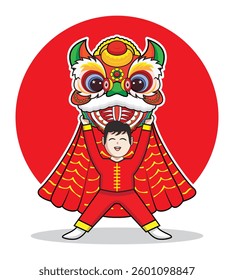 Cute smart man in Chinese lion dance action background with red circle drawing in colorful cartoon vector