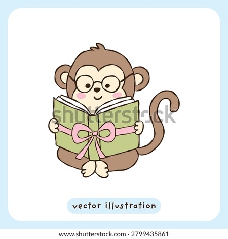 Cute smart monkey reading book vector illustration, adorable little monkey character with glasses, kawaii cartoon animal clipart