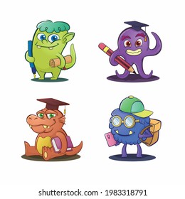 Cute Smart Monster School Education Cartoon Character Vector Design Set