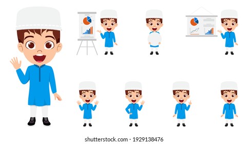 Cute smart Muslim kid boy character doing different actions with presentation board with cheerful expression 