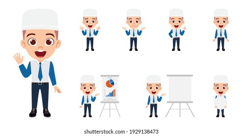 Cute smart Muslim kid businessman character doing different actions with presentation board