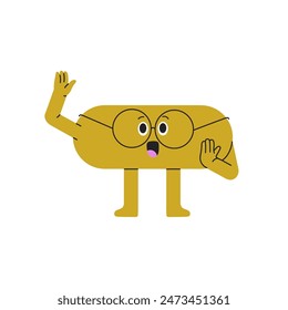 Cute, smart oval figure hand up to ask. Clever ellipse shape answers the question. Happy geometric character in glasses learning at school. Flat isolated vector illustration on white background