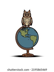 Cute Smart Owl Bird Wearing Glasses Standing on the Globe Illustration Hand-drawn Symbol Icon Logo Mascot Vector