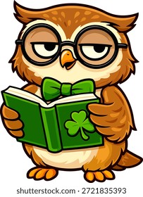 Cute smart owl cartoon reading a green book with shamrock theme. Fun flat vector illustration ideal for St Patrick Day education designs kids books posters stickers and festive branding.