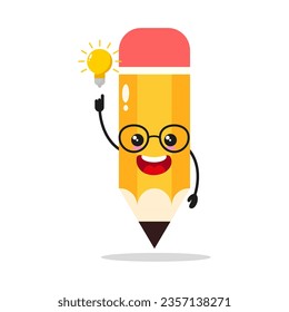 Cute smart pencil character. Funny school equipment got inspiration idea cartoon emoticon in flat style. pencil vector illustration