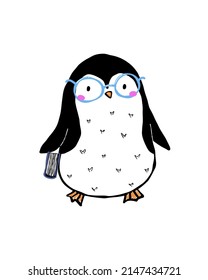 Rutschiger Pinguin mit Brille. Postkartentier, Poster, isolierter Hintergrund. Handgezeichnete Vektorgrafik.