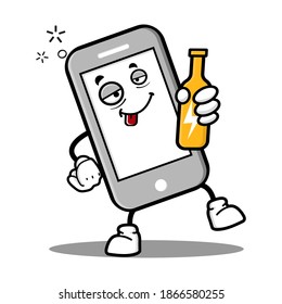 cute smart phone cartoon mascot character funny expression with holding drunk bottle