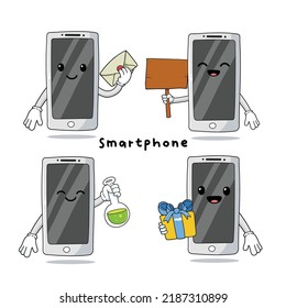 Cute smart phone with faces cartoon mascot hand drawn set isolated on white background