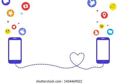 Cute smart phones flat design with love connection line on white background,vector illustration.Social network relationship concept.