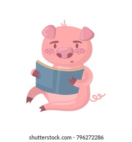 Cute smart pig character reading a book, funny cartoon piggy animal sitting on the floor vector Illustration