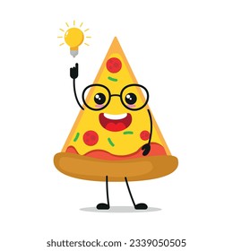 Cute smart pizza character. Funny pie got inspiration idea cartoon emoticon in flat style. food emoji vector illustration