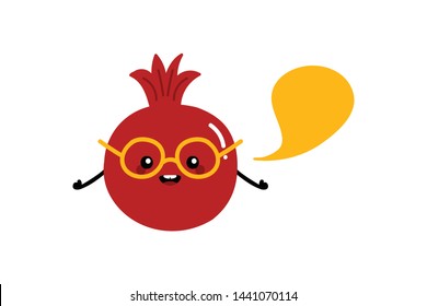 Cute and smart pomegranate character in glasses with speech bubble, talking, giving advice or information. 