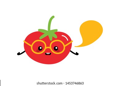 Cute smart red tomato character in glasses with speech bubble, talking, giving advice or information. 