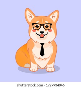 Perro de corgi sonriente lindo sentado e inteligente con gafas e ilustraciones de dibujos animados vectores de corbata. Huella de cachorros Kawai corgi. Aislado sobre el fondo lila.