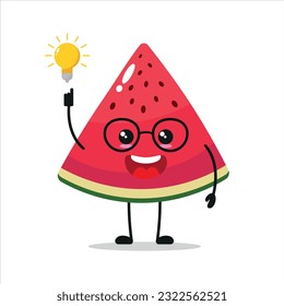 Cute smart slice of watermelon character. Funny watermelon got inspiration idea cartoon emoticon in flat style. Fruit emoji vector illustration