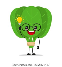 Cute smart spinach character. Funny fruit got inspiration idea cartoon emoticon in flat style. food vector illustration