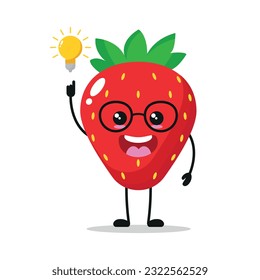 Cute smart strawberry character. Funny strawberry got inspiration idea cartoon emoticon in flat style. Fruit emoji vector illustration