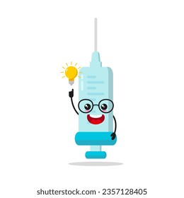 Cute smart syringe character. Funny medication got inspiration idea cartoon emoticon in flat style. injection vector illustration