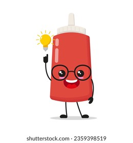 Cute smart tomato sauce bottle character. Funny food got inspiration idea cartoon emoticon in flat style. tomato sauce bottle emoji vector illustration