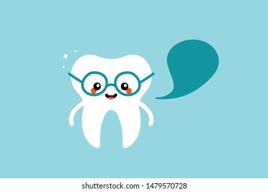 Cute and smart tooth character in glasses with speech bubble, talking, giving advice or information. 