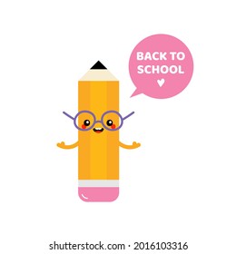 Cute smart vector cartoon style pencil character with speech bubble saying Back to School. 

