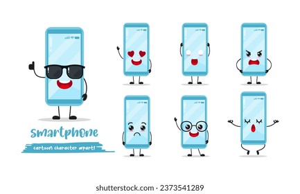 cute smartphone cartoon with many expressions. mobile phone different activity pose vector illustration flat design set with sunglasses.