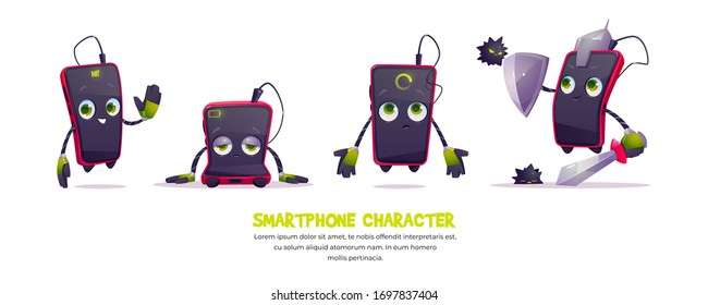 Cute smartphone character in different poses. Vector set of cartoon chat bot, funny mobile phone greeting, sad with low charge, loading application and holding shield from virus content