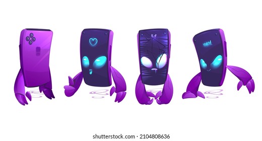 Cute smartphone character front and back view. Vector set of cartoon mascot, funny mobile phone show thumb up, broken with cracks on screen and gadget with full battery indicator