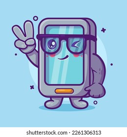 cute smartphone character mascot with peace sign hand gesture isolated cartoon in flat style design