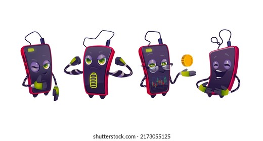 Cute smartphone character, mobile phone mascot in different poses. Vector cartoon set of gadget with thumb up, stock market graph, full battery charge and laugh