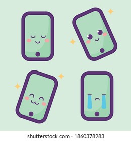 Cute Smartphone Characters. Set of Kawaii cheerful mobiles. Happy cartoon phones with funny faces. Online apps. Modern digital vector illustration. Colorful web icons.