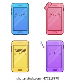Cute Smartphone Characters. Set of Kawaii cheerful mobiles. Happy cartoon phones with funny faces. Online apps. Modern digital vector illustration. Colorful web icons.