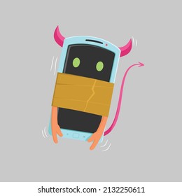 cute smartphone devil character with hands tied