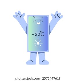 Cute smartphone is happy for good warm, sunny weather. Phone mascot rejoices at forecast from online app on screen. Telephone character is hands up, has fun. Flat isolated vector illustration on white