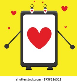 cute smartphone with heart filled screen and eyes in flat design on yellow background. vector smartphone. stock vector illustration.