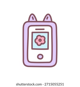 Cute smartphone icon. Mobile device with floral screen and playful cat-ear detail — cute tech accessory. Kawaii sticker. Vector 10 EPS.
