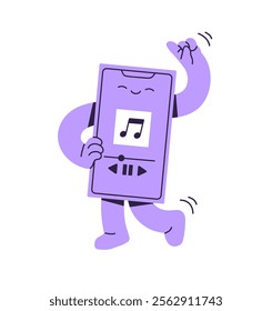 Cute smartphone mascot dances with audio player app on screen. Telephone character listens to music, moves with song. Happy mobile phone has fun. Flat isolated vector illustration on white background