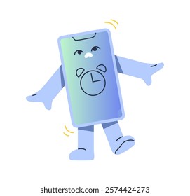 Cute smartphone is shocked by alarm clock on its screen. Mobile phone character with warning bell. Stressed telephone with ringing alert signal. Flat isolated vector illustration on white background